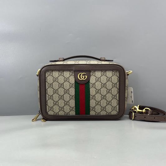 Gucci - Ophidia GG Small Bag - GG Supreme canvas with leather trim - Beige with brown accents, red and green web stripe - (small)