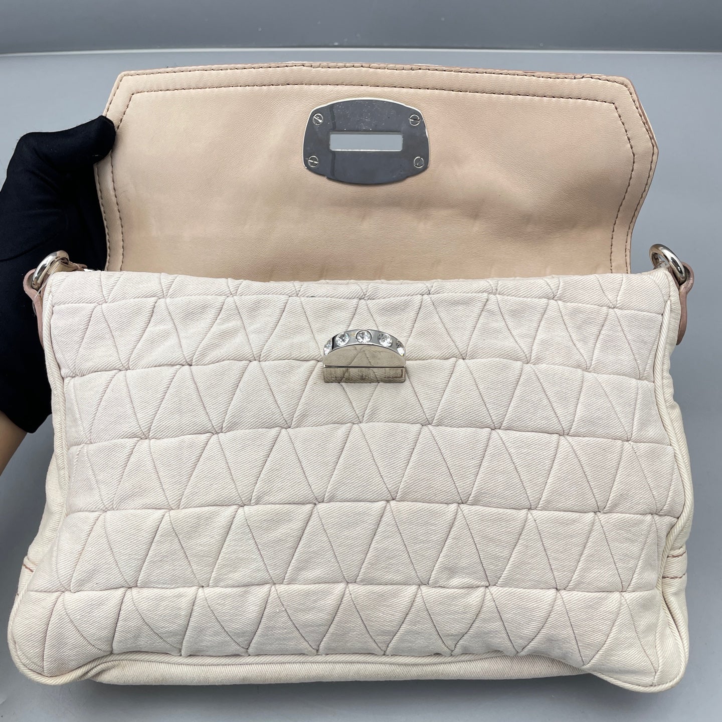Miu Miu - Jeweled Chain Pleated Flap Bag - Fabric with leather trim - White - (Medium)