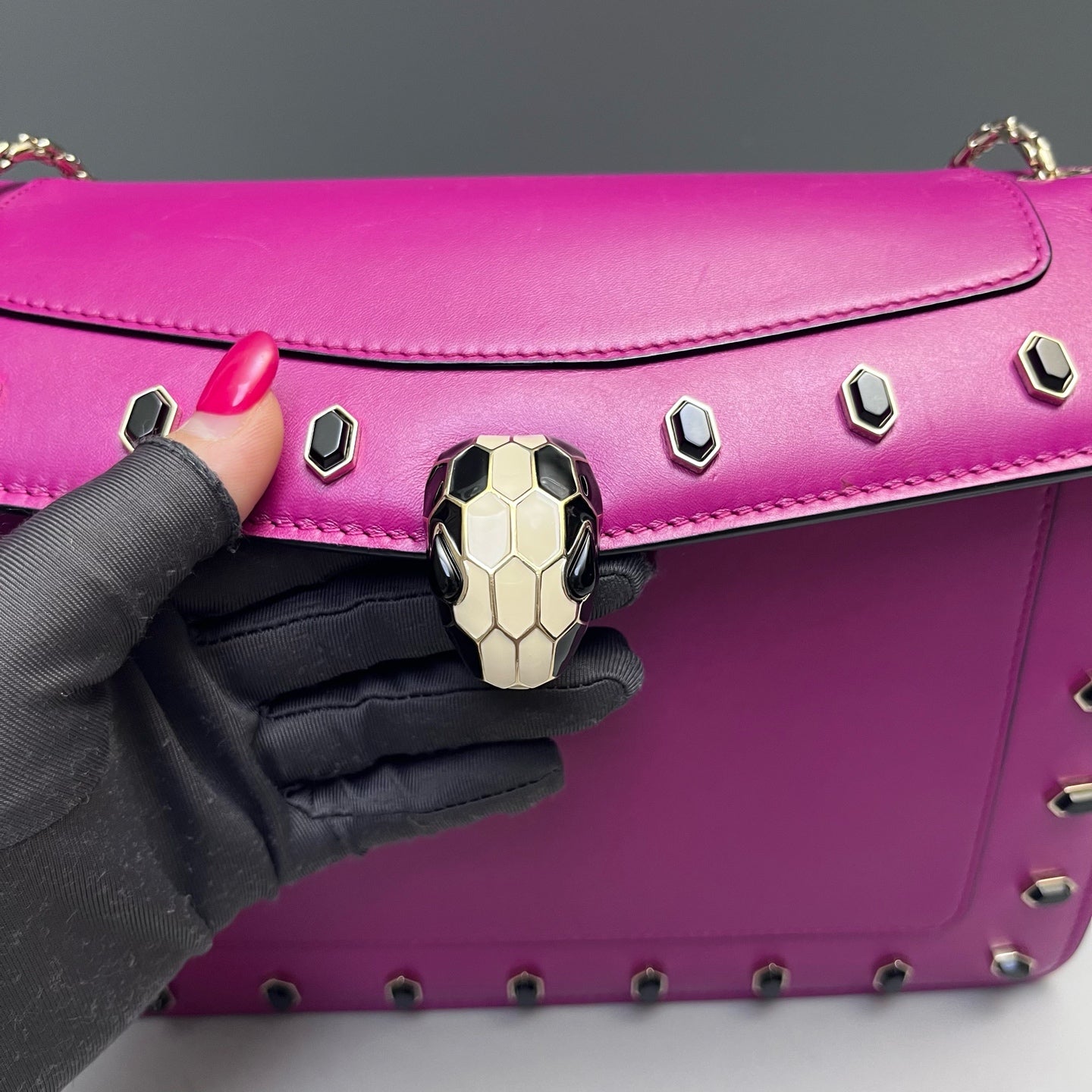 Bvlgari - Serpenti Forever Flap Bag with Studs - Smooth calf leather - Vibrant Magenta with Black Accents and Gold-Tone Hardware - (Medium)