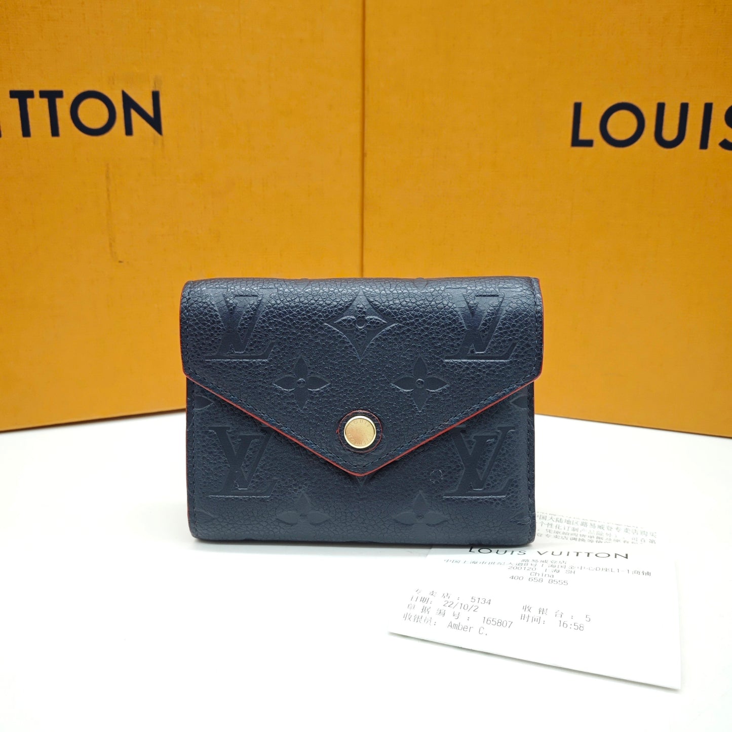 Louis Vuitton - Compact Flap Wallet - Grained leather with embossed Monogram pattern - Navy Blue with Red Glazing - (Small)