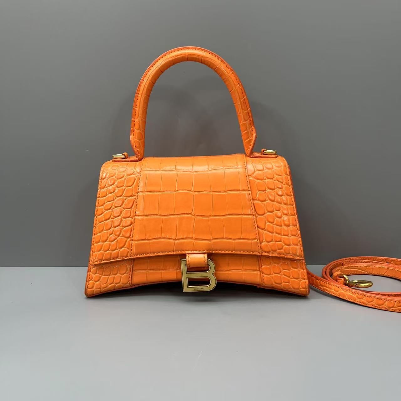 Balenciaga - Hourglass Top Handle Bag S - Crocodile-embossed calfskin leather - Orange - (Small)