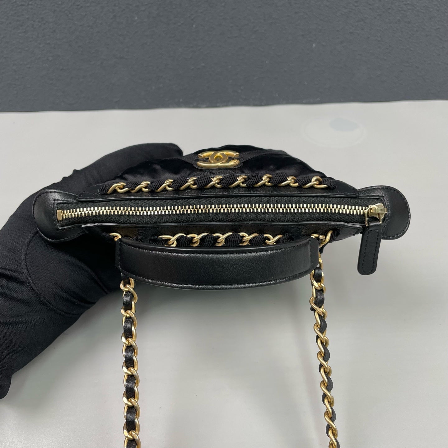 Chanel - Mini Top Handle Crossbody Pouch Bag - Satin with leather trim - Black with Gold-Tone Hardware - (Mini)