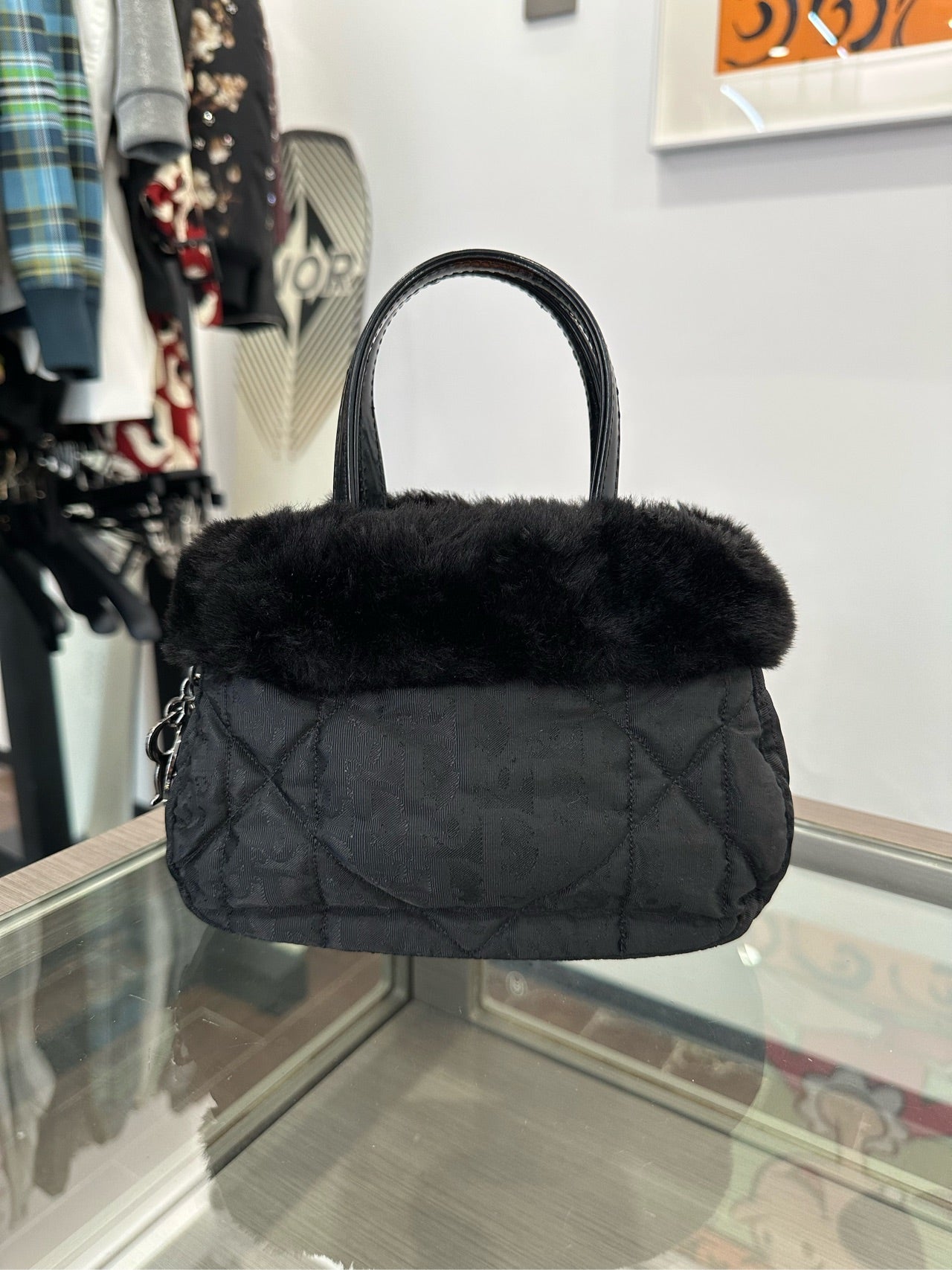 Dior - Vintage Limited Edition Monogram Quilted Top Handle Bag with Fur Trim - Wool blend fabric with fur trim and patent leather handle - Black - (mini)