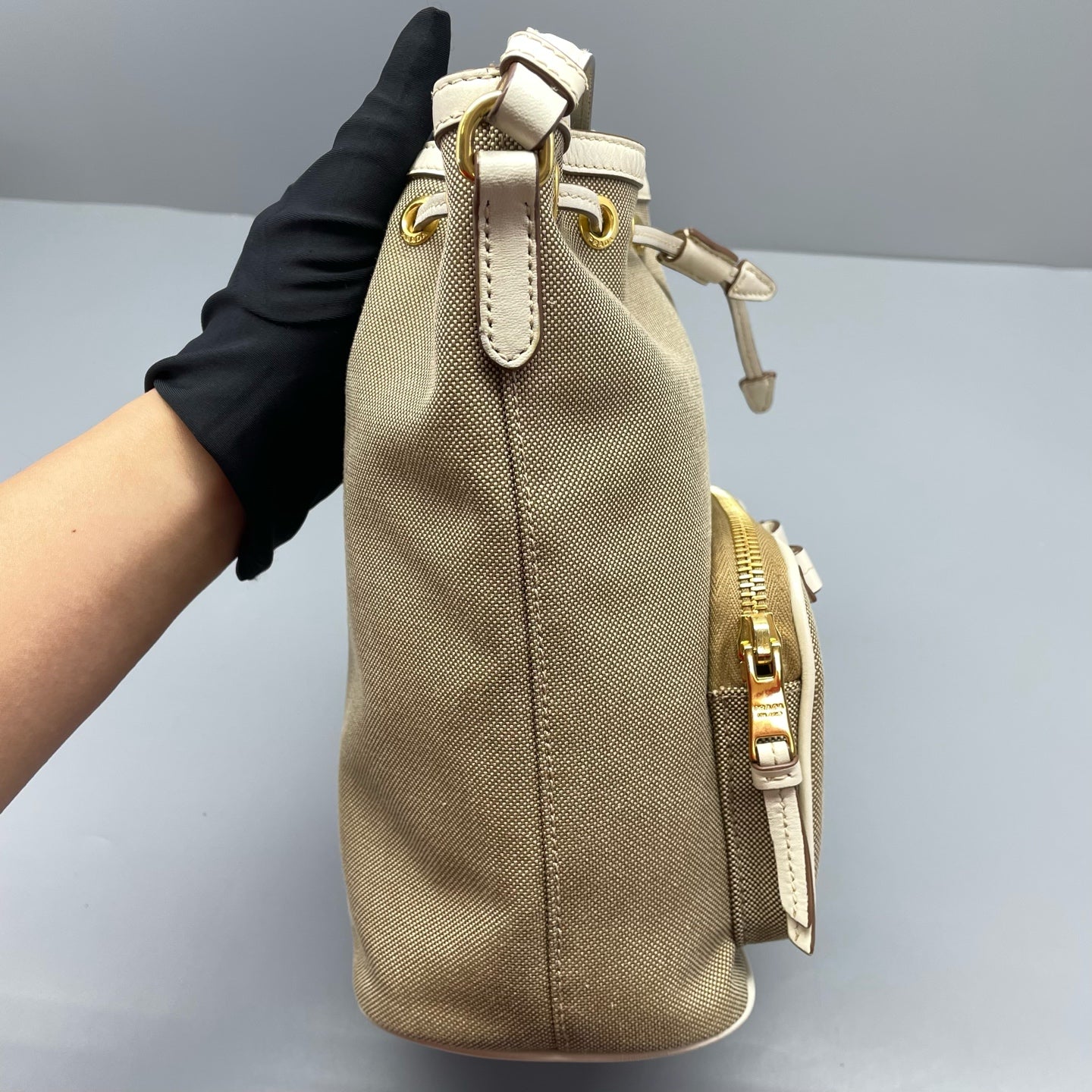 Prada - Drawstring Bucket Bag - Canvas with leather trim - Beige - (Small)