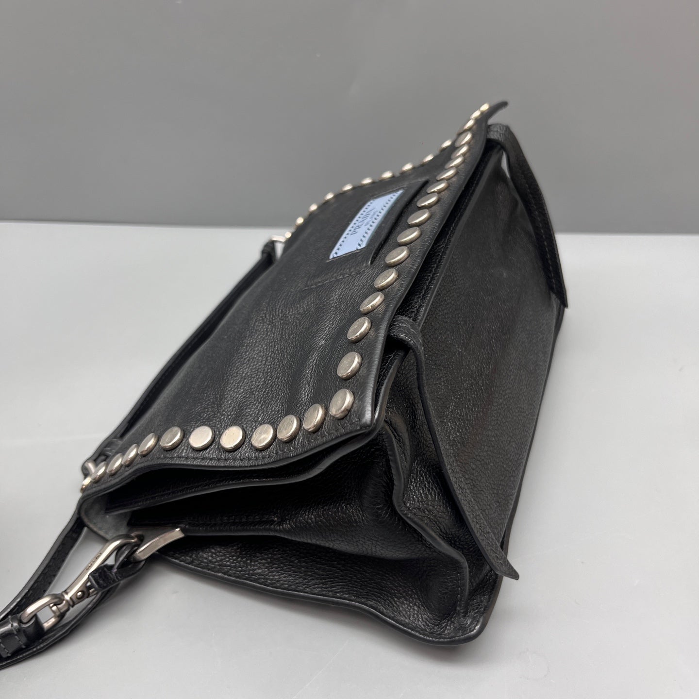 Prada - Etiquette Studded Messenger Bag - Leather - Black - (Mini)