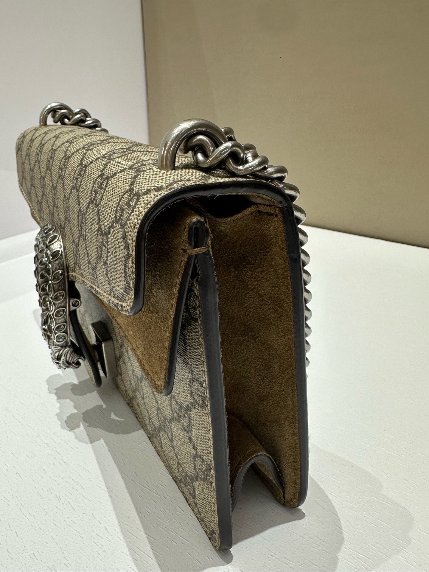 Gucci - Dionysus Mini Shoulder Bag with Crystal Buckle - GG Supreme coated canvas, suede, leather trim - Beige with Camel accents - (Mini)