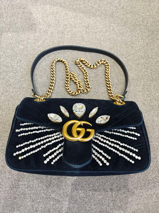 Gucci - GG Marmont 26 Rhinestone Velvet Shoulder/Crossbody Bag - Velvet - Black - (Medium)