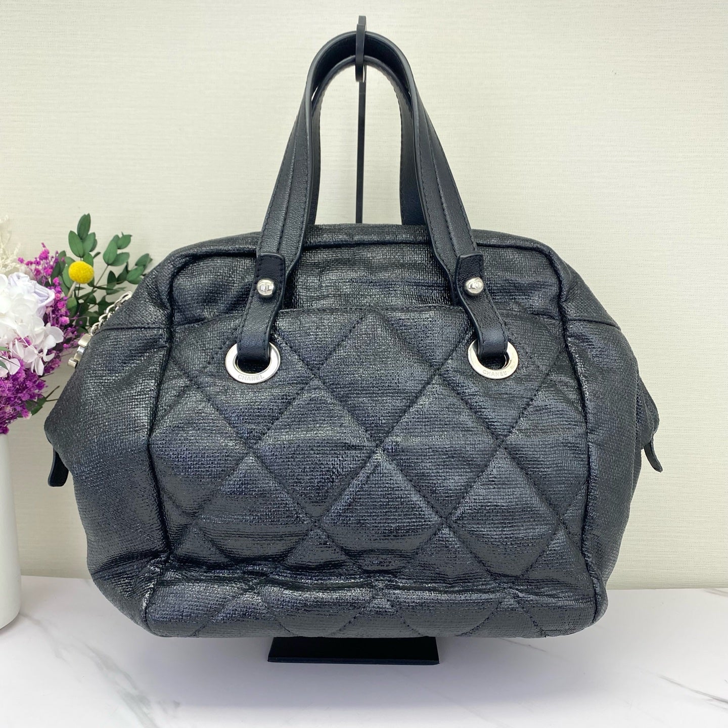 Chanel - Biarritz Boston Bag - Textured coated fabric - Black - (Medium)