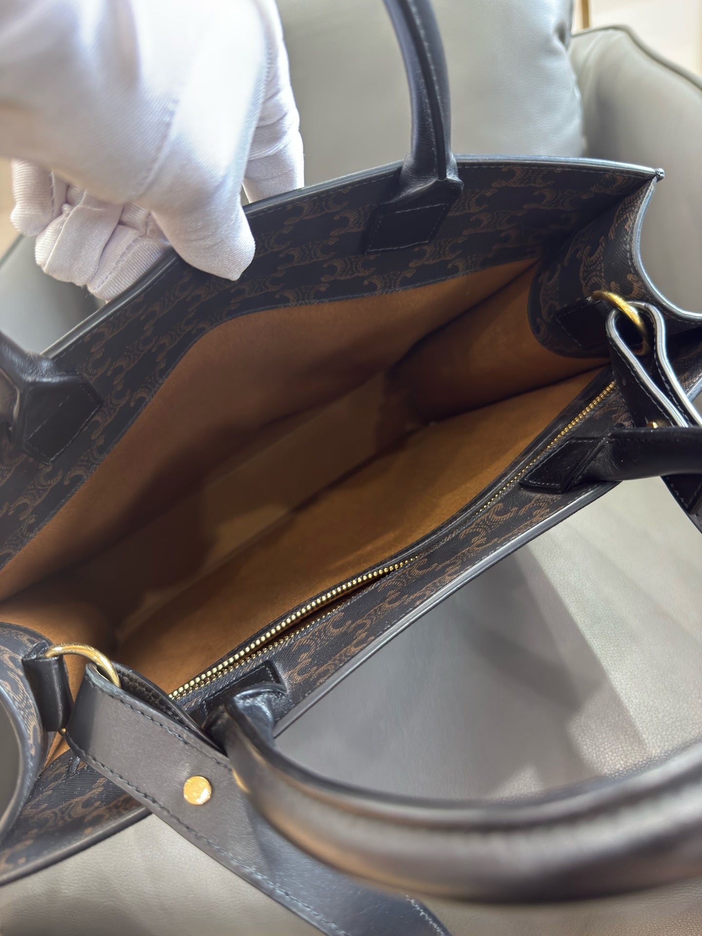 Celine - Cabas Medium Vertical Tote - Triomphe coated canvas with leather trim - Black and Tan Triomphe Canvas with Black Leather Trim - (medium)