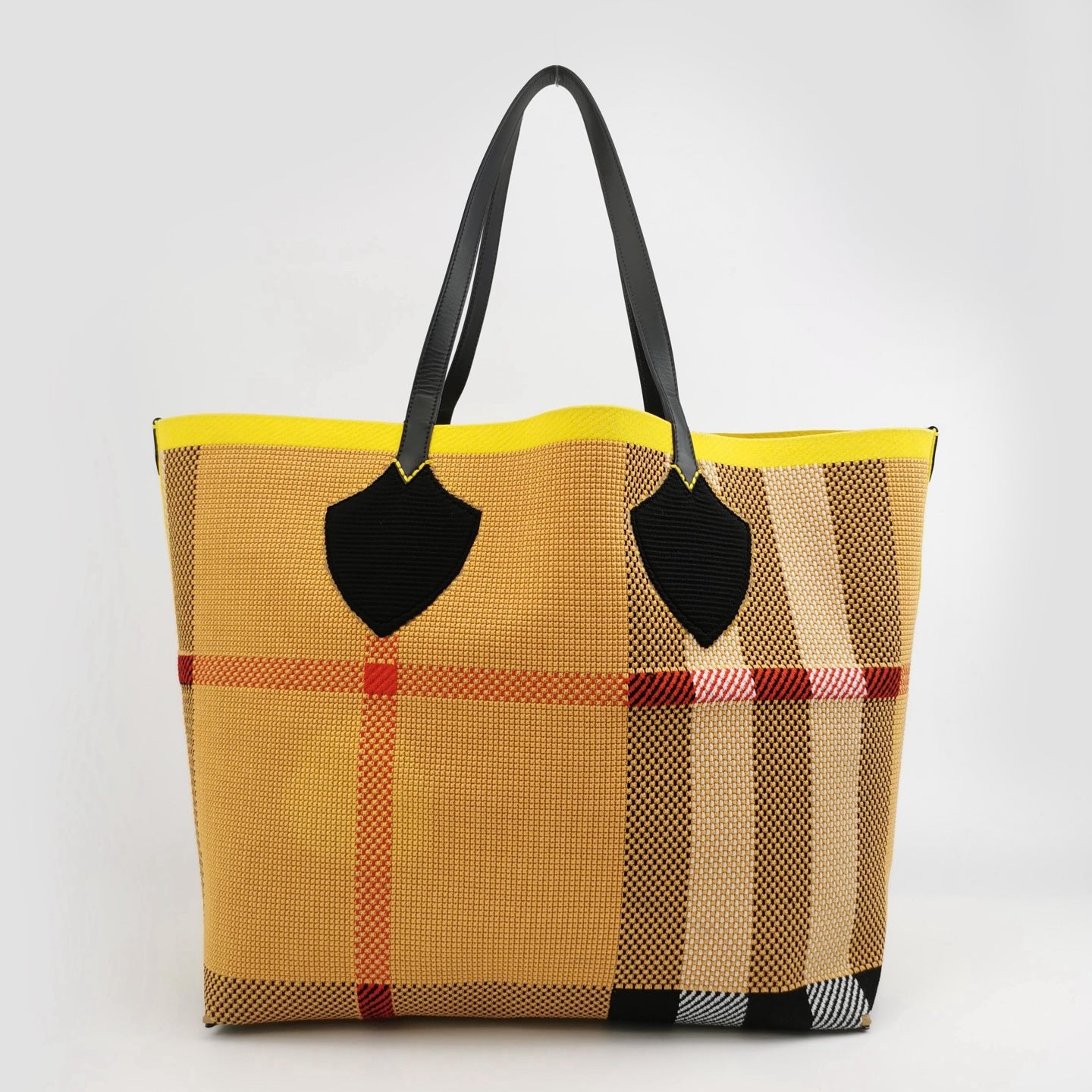Burberry - Woven Logo and Check Tote Bag - Woven textile and leather - Mustard Yellow, Black, Yellow, Red, and White - (Large)