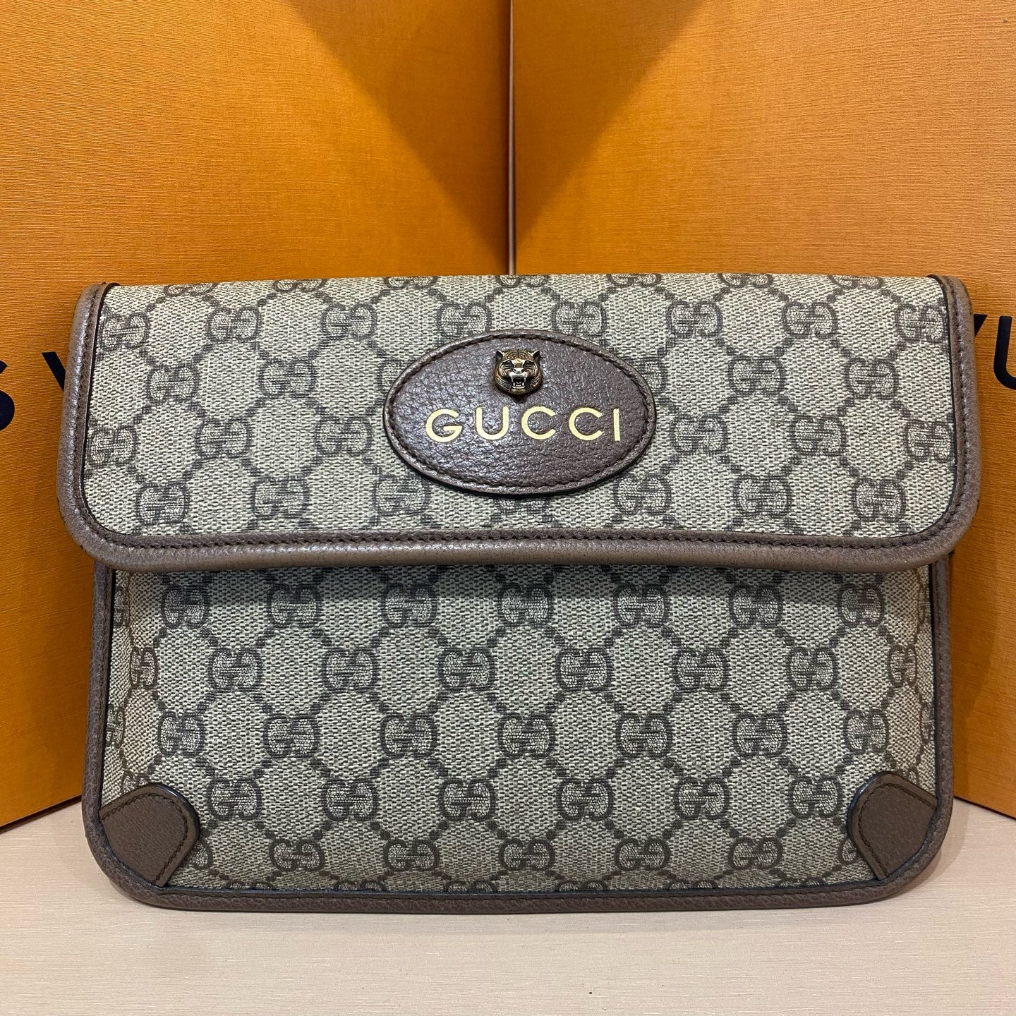 Gucci - Tiger Head Belt Bag 54387 - GG Supreme coated canvas with leather trim - Beige and Brown - (Medium)