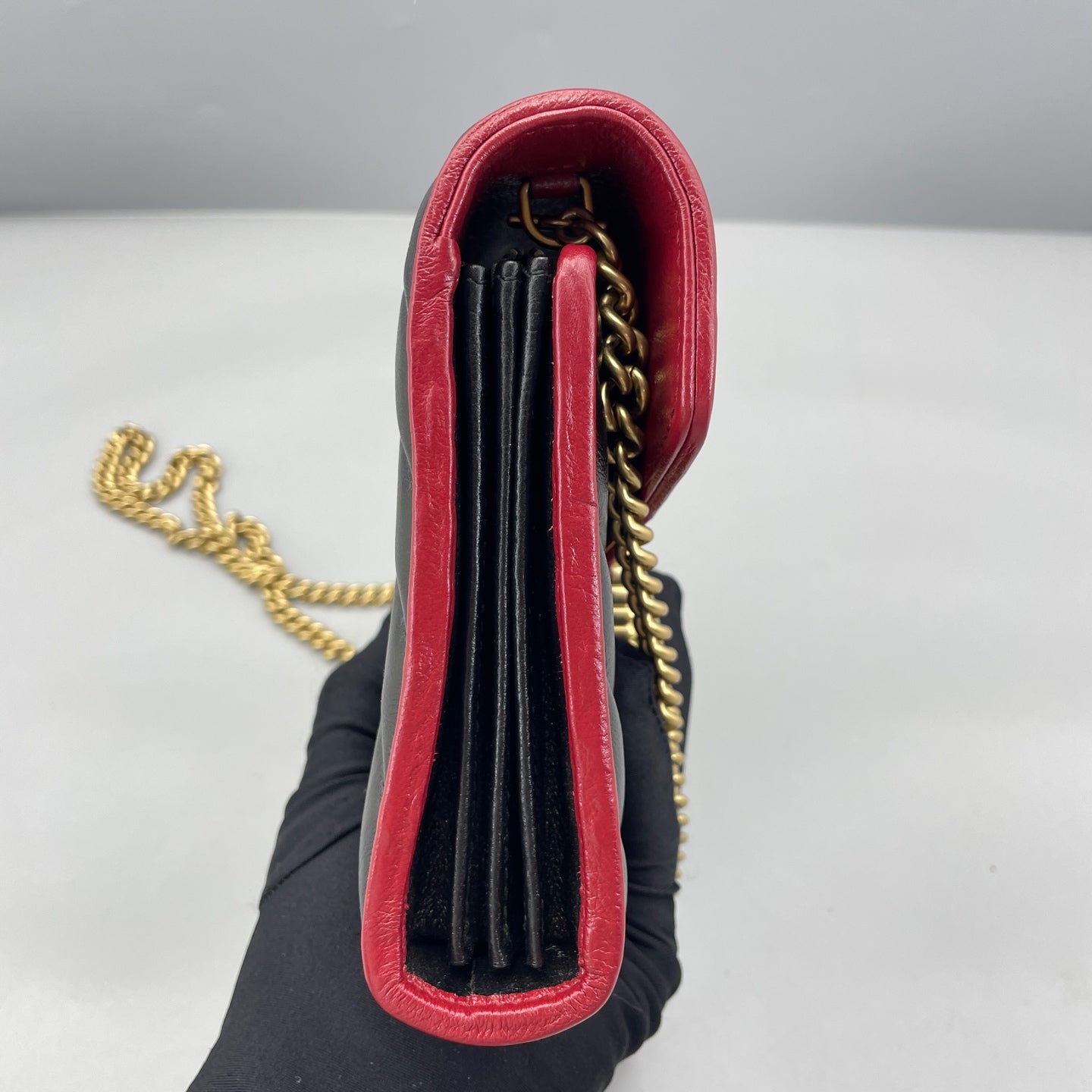 Gucci - Marmont Wallet on Chain (WOC) - Leather - Black with Red Trim - (mini)