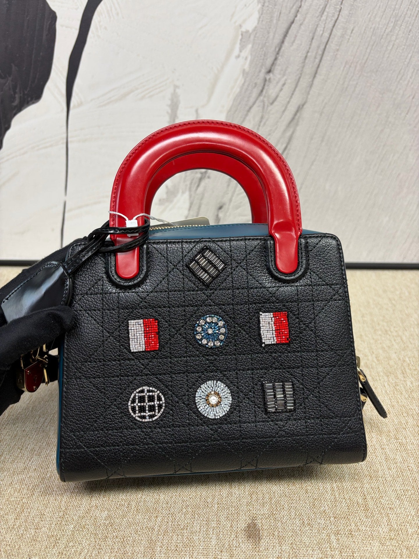 Dior - Lady Dior Mini Christmas Limited Edition Beaded Embroidered - Cowhide leather - Black with Blue side panels and Red handles - (Mini)