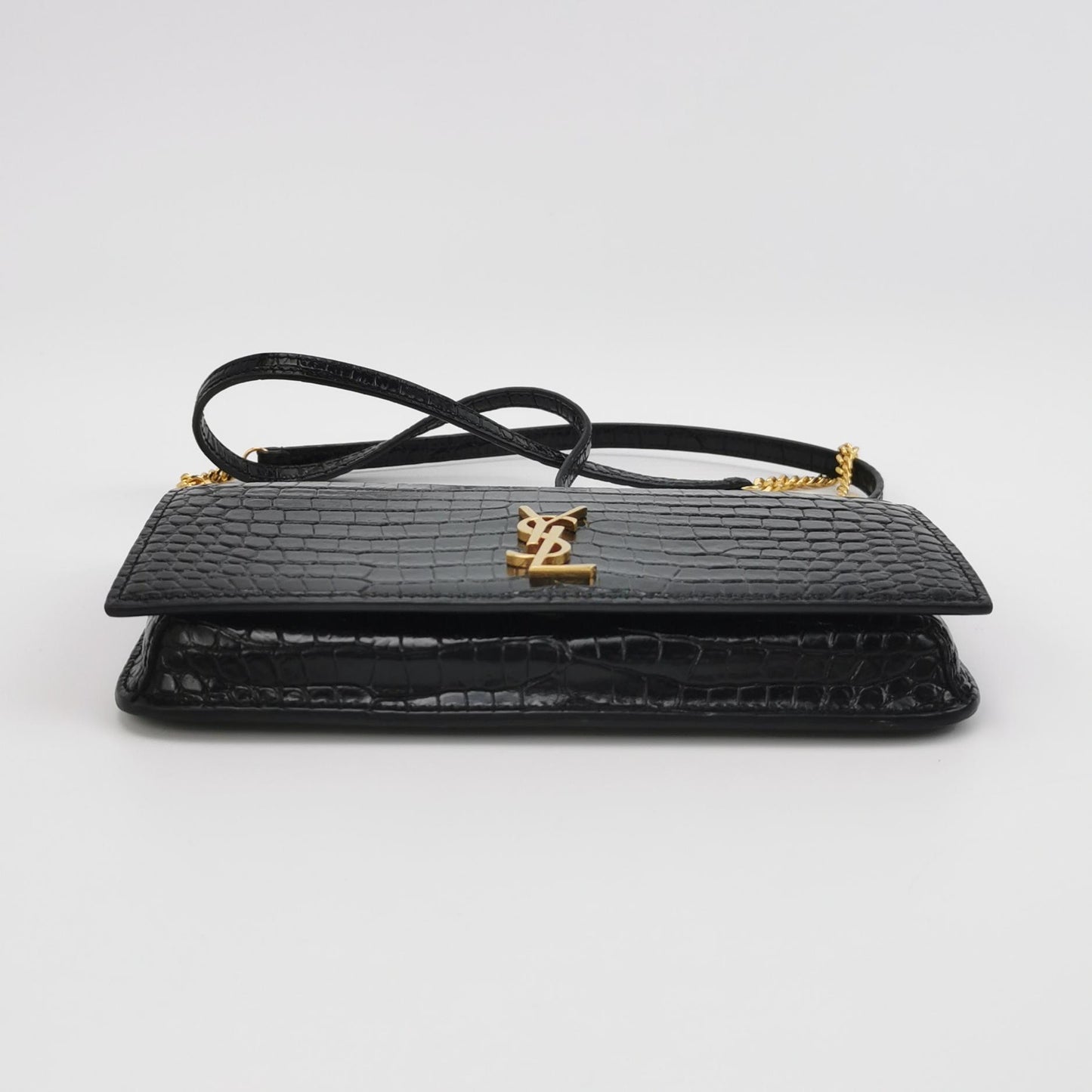 Saint Laurent - Monogram Wallet on Chain (WOC) - Calfskin leather with crocodile embossing - Black with Gold-Tone Hardware - (Mini)