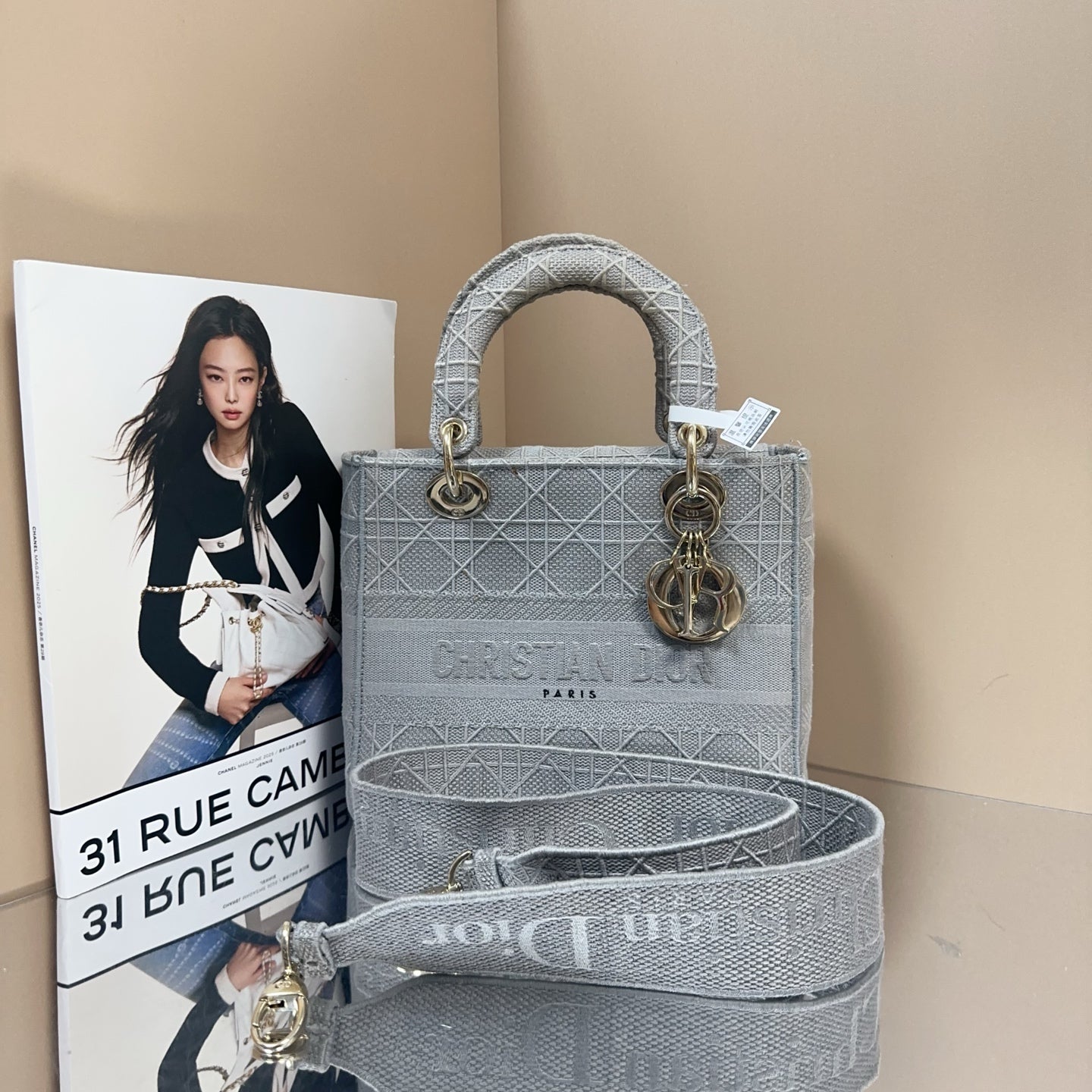 Dior - Lady Dior (Five-Grid Embroidered Series) - Cloth - Grey - (small)