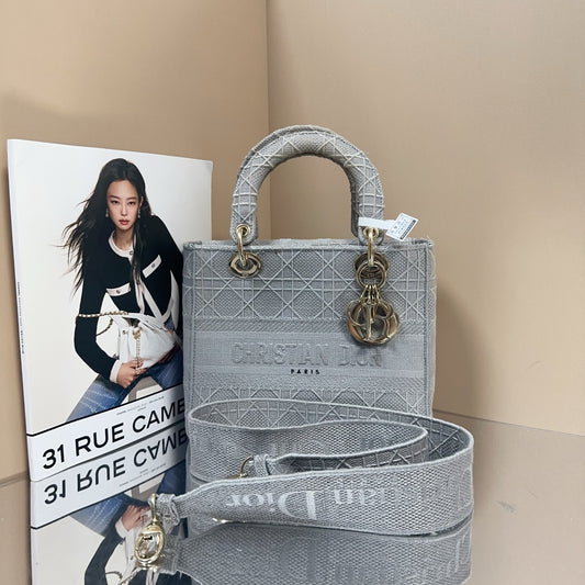 Dior - Lady Dior (Five-Grid Embroidered Series) - Cloth - Grey - (small)