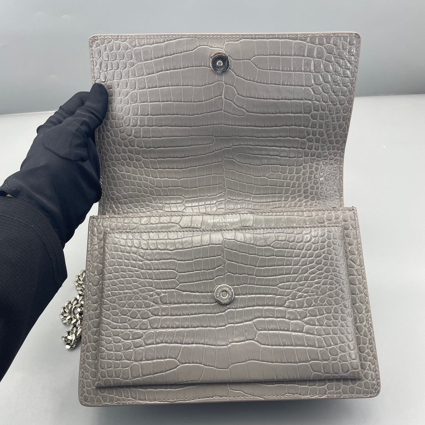 Saint Laurent - Sunset - Calfskin leather with crocodile embossing - Grey - (Medium)