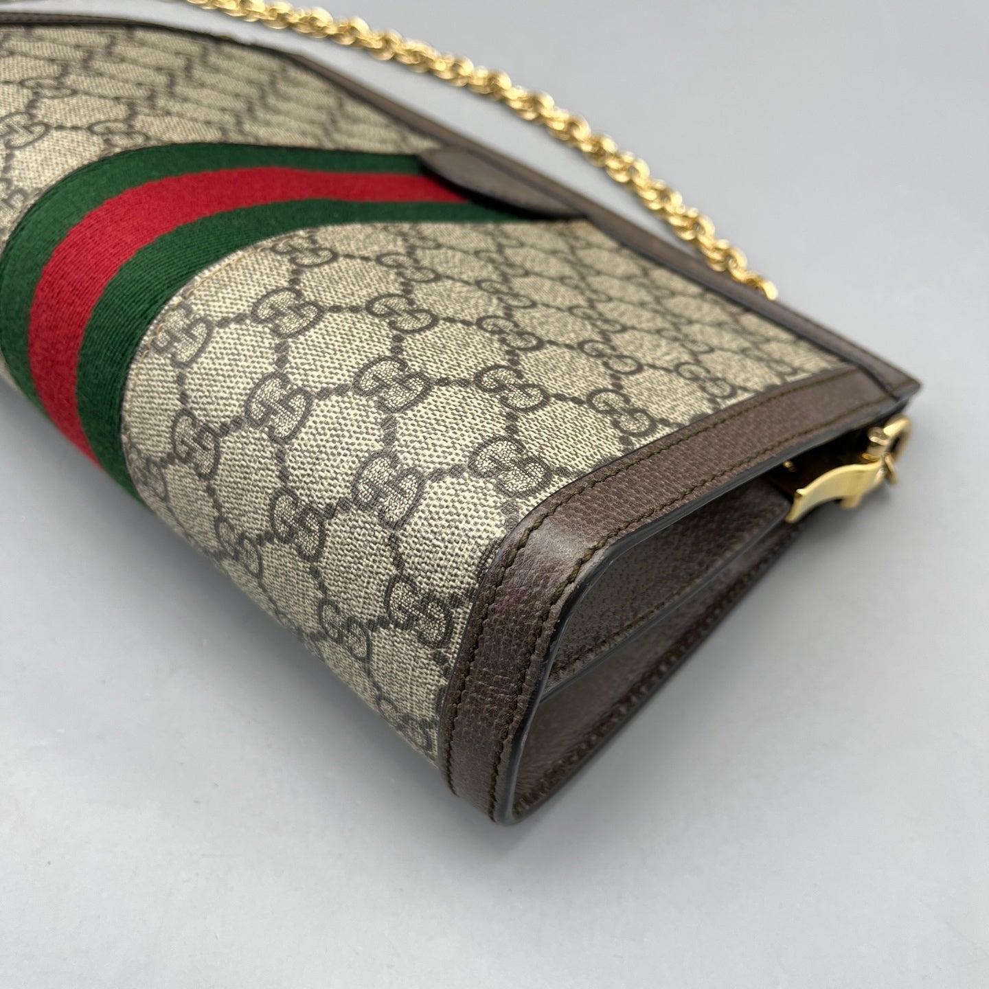 Gucci - Ophidia Chain Bag - GG Supreme coated canvas with leather trim - Ebony (Beige and Brown) with Red and Green Web - (mini)