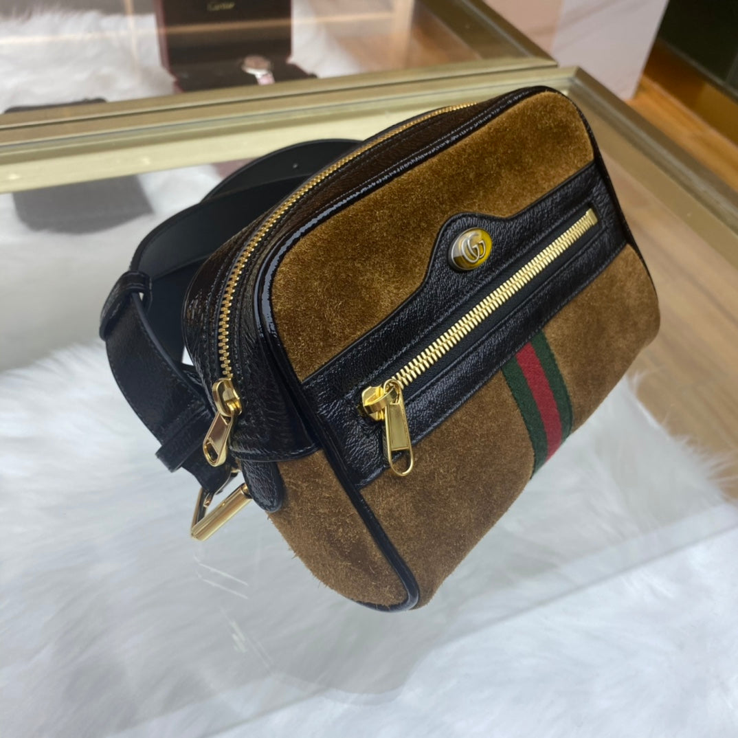 Gucci - Ophidia Belt Bag - Suede with patent leather trim and leather belt - Brown and Black with Red and Green accents - (Small)