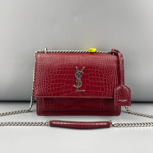 Saint Laurent - Sunset Medium - Calfskin leather with crocodile embossing - Burgundy - (Medium)