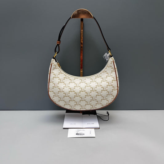 Celine - Ava Triomphe Canvas Shoulder Bag - Coated canvas with leather trim - White with Brown trim - (mini)