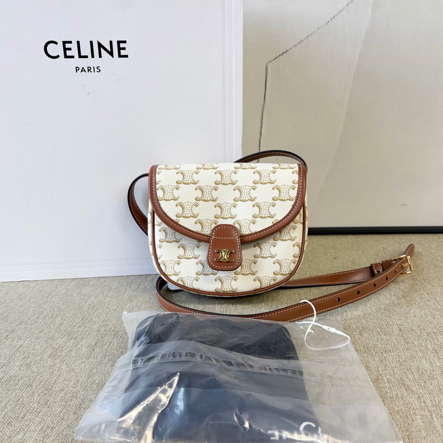Celine - Triomphe Mini Saddle Bag - Coated canvas with leather trim - Beige and Brown - (mini)