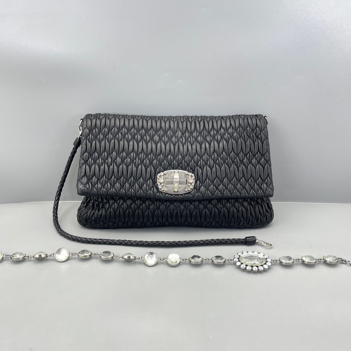 Miu Miu - Matelassé Crystal Chain Bag - Leather - Black - (medium)