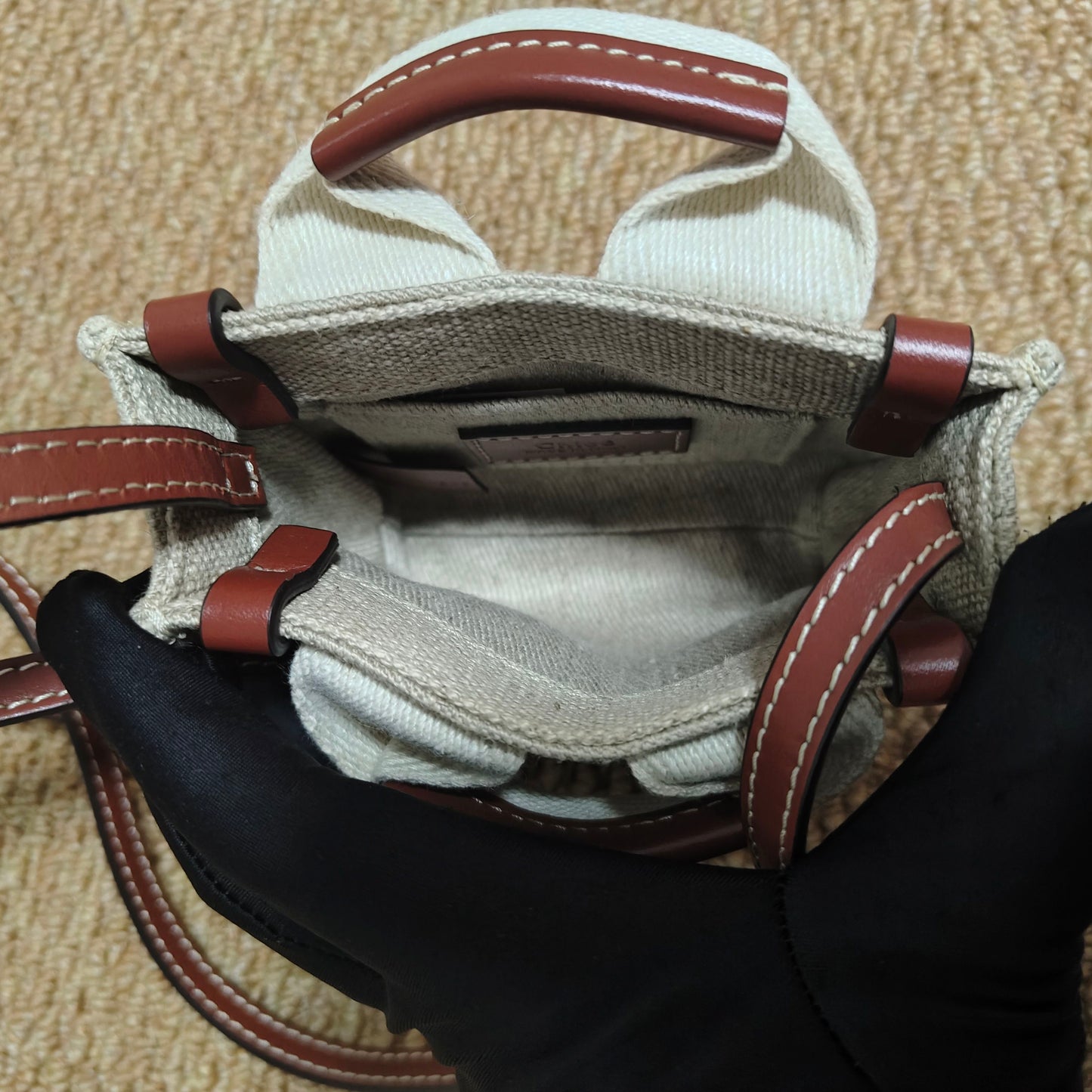 Chloé - Woody Mini Tote Bag - Canvas with leather trim - Beige and Brown - (Mini)