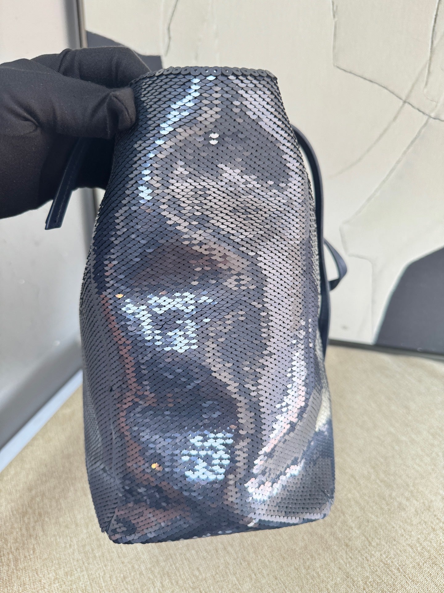 Miu Miu - 5BG147 Sequin Tote - Sequins on fabric with leather trim - Dark Blue - (medium)
