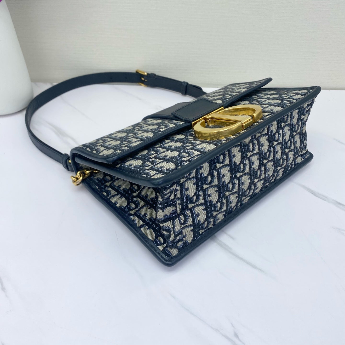 Dior - 30 Montaigne - Dior Oblique embroidered canvas with leather trim - Navy blue and beige - (small)