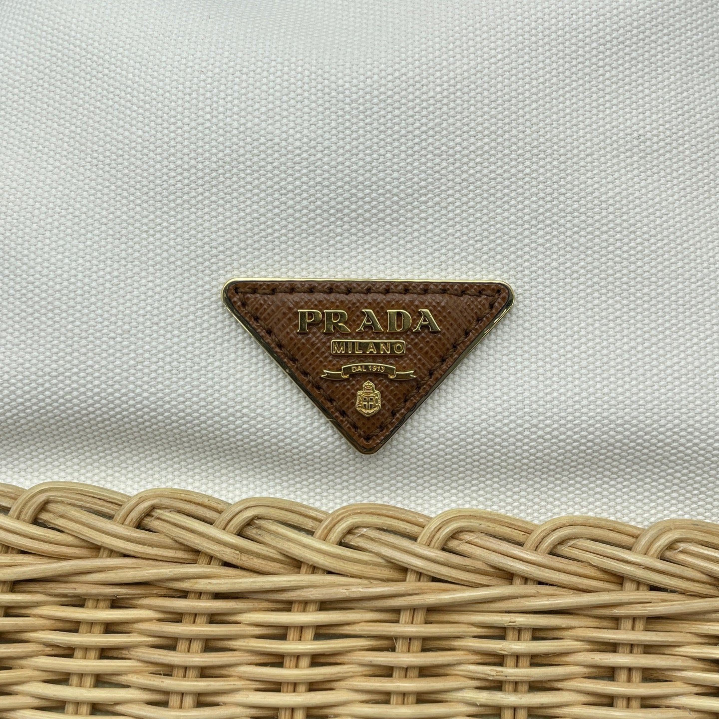 Prada - Rattan Canvas Bucket Bag - Canvas, Wicker, Saffiano Leather - White - (Medium)