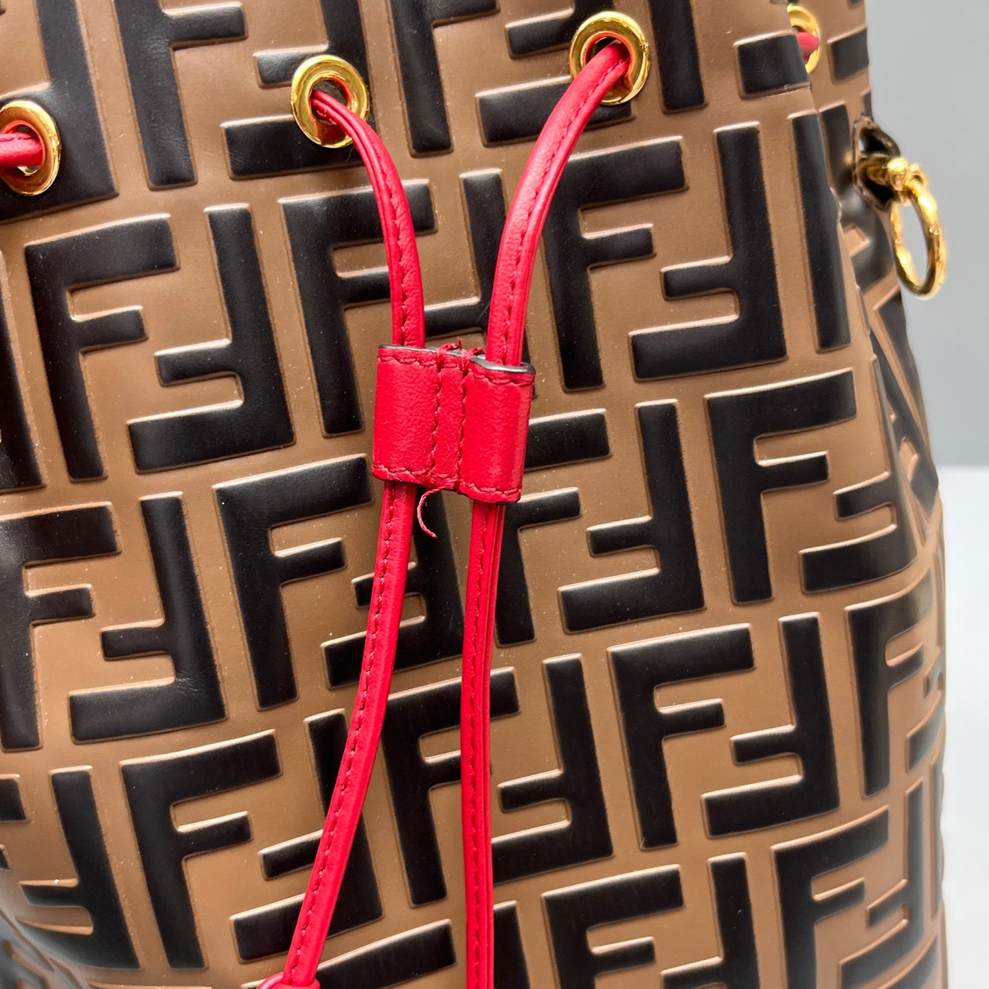 Fendi - Monogram Color-block Drawstring Bucket Bag - Coated canvas with leather trim - Brown with Black and Red accents - (Small)