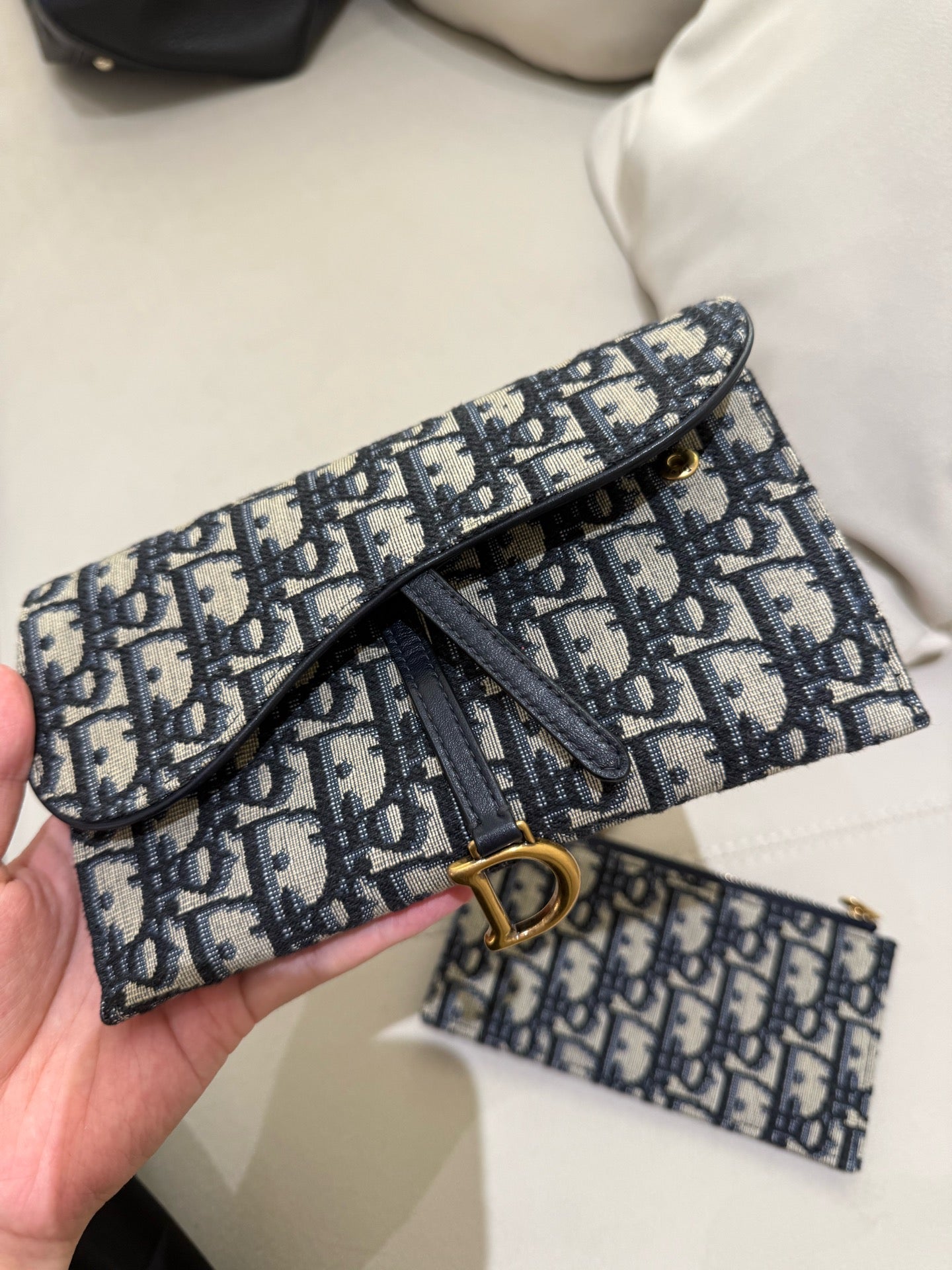 Dior - Saddle Pouch 2-in-1 Wallet on Chain - Dior Oblique jacquard canvas with leather trim - Blue and Beige - (mini)
