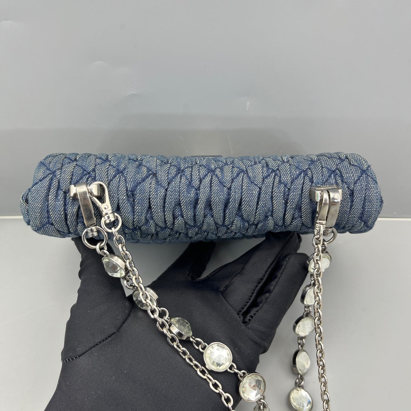 Miu Miu - Matelassé Denim Gemstone Chain Flap Bag - Denim - Blue - (mini)