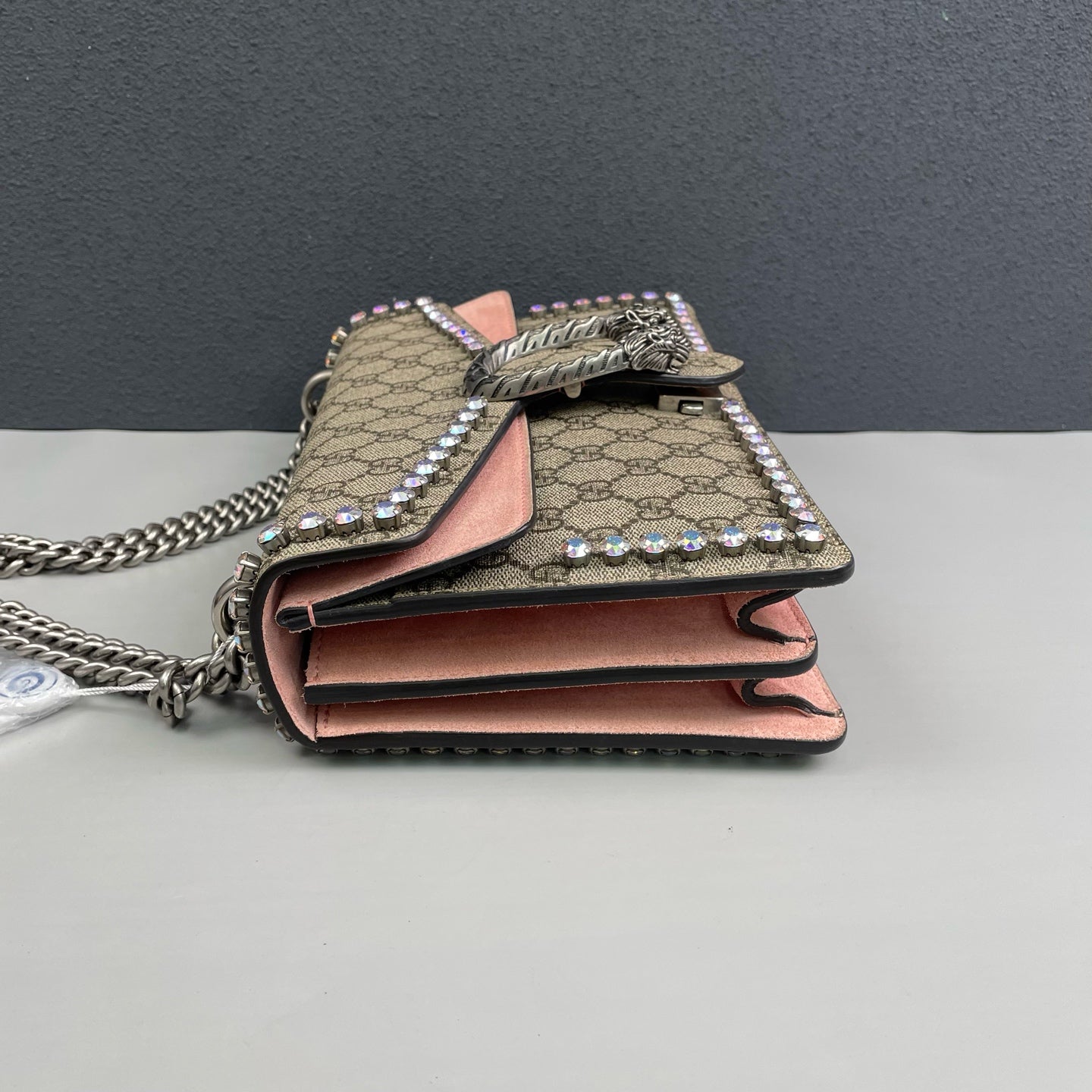 Gucci - Dionysus Medium Shoulder Bag with Crystals - GG Supreme canvas with pink suede and rhinestone embellishments - Beige, Pink, Multicolour - (Medium)