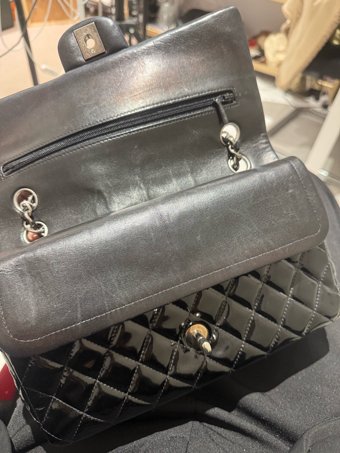Chanel - Classic Flap Medium Double Flap Bag - Patent leather - Black - (Medium)