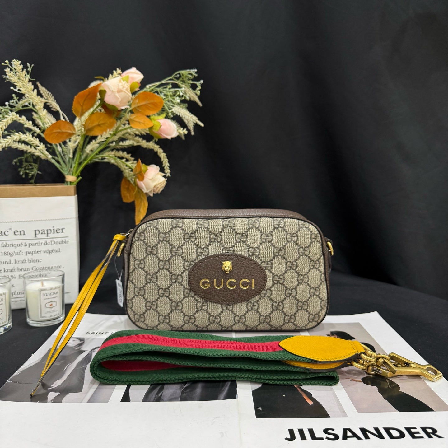 Gucci - Neo Vintage Tiger Head Camera Bag - GG Supreme canvas with leather trim - Beige and Brown with Multicolour strap - (small)