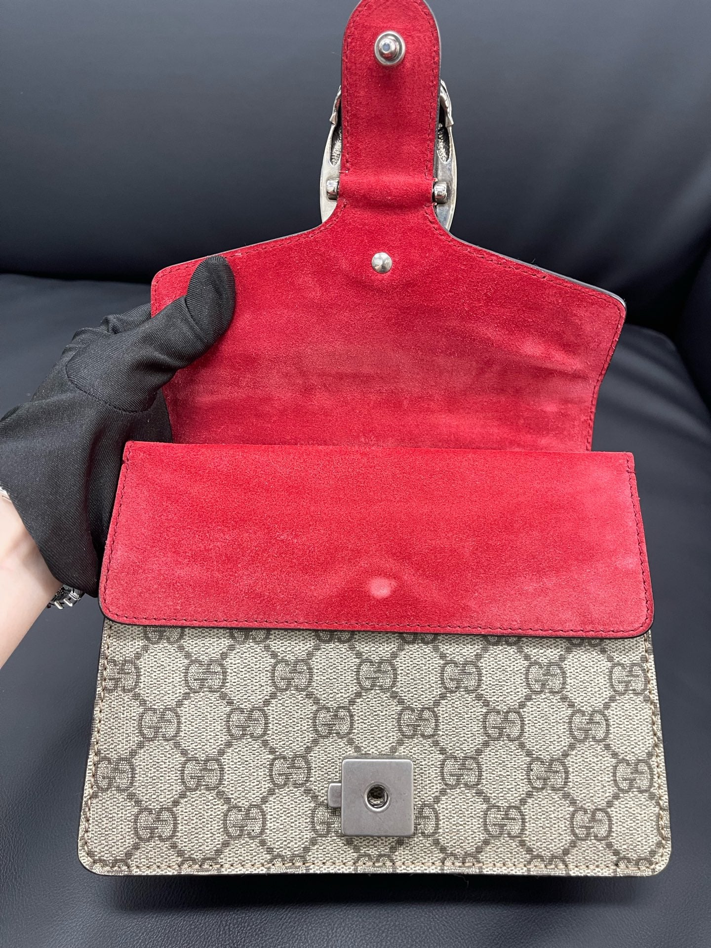 Gucci - Dionysus Mini Shoulder Bag - GG Supreme canvas with red suede trim and leather details - Beige and Red - (mini)