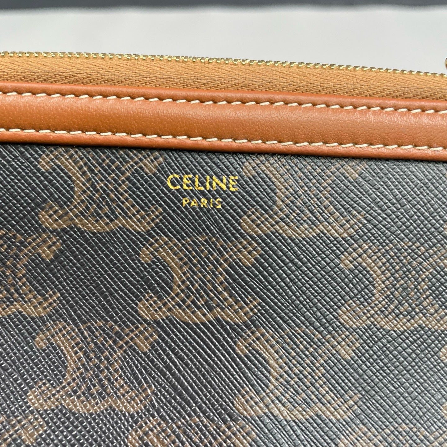 Celine - Triomphe Monogram Shell Chain Bag - Triomphe coated canvas with tan leather trim - Brown - (mini)