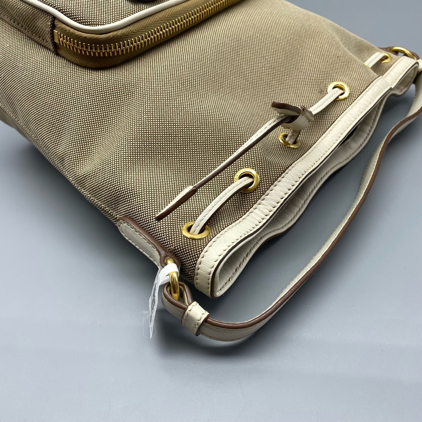 Prada - Drawstring Bucket Bag - Canvas with leather trim - Beige - (Small)