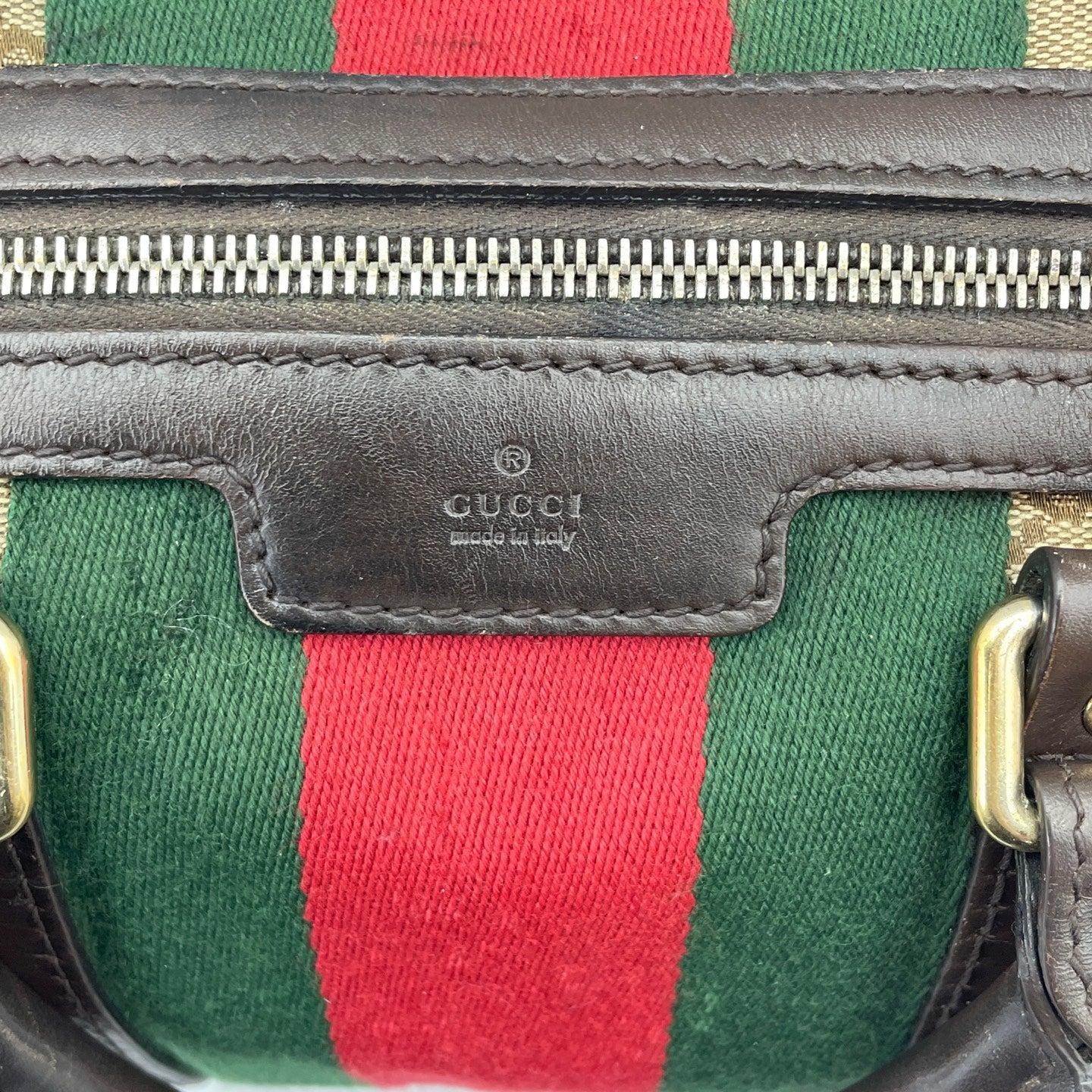 Gucci - Boston Bag - GG Monogram Coated Canvas with Leather Trim - Beige and Brown with Red and Green Accents - (small)