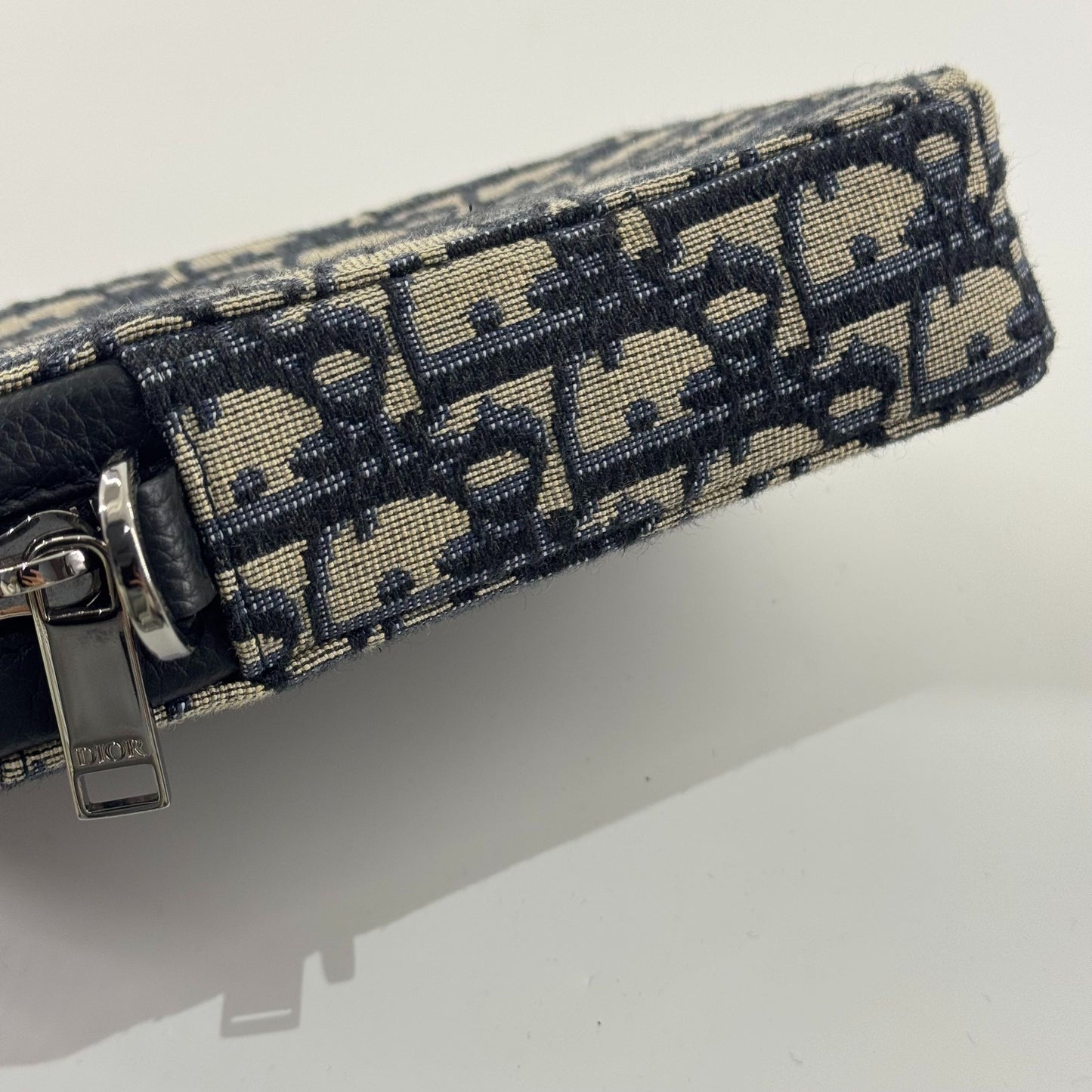 Dior - Oblique Canvas Vertical Phone Pouch - Canvas and Leather - Blue and Beige with Black trim - (mini)