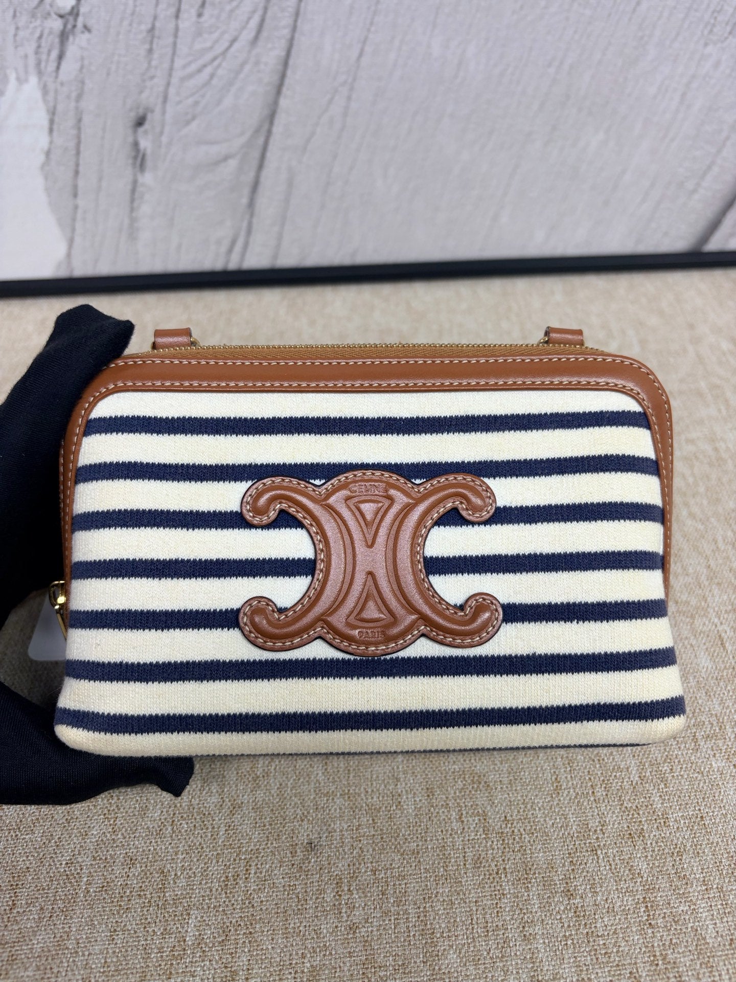 Celine - Triomphe Nautical Stripe Clutch on Chain - Canvas and Leather - Blue, White, Brown - (Mini)