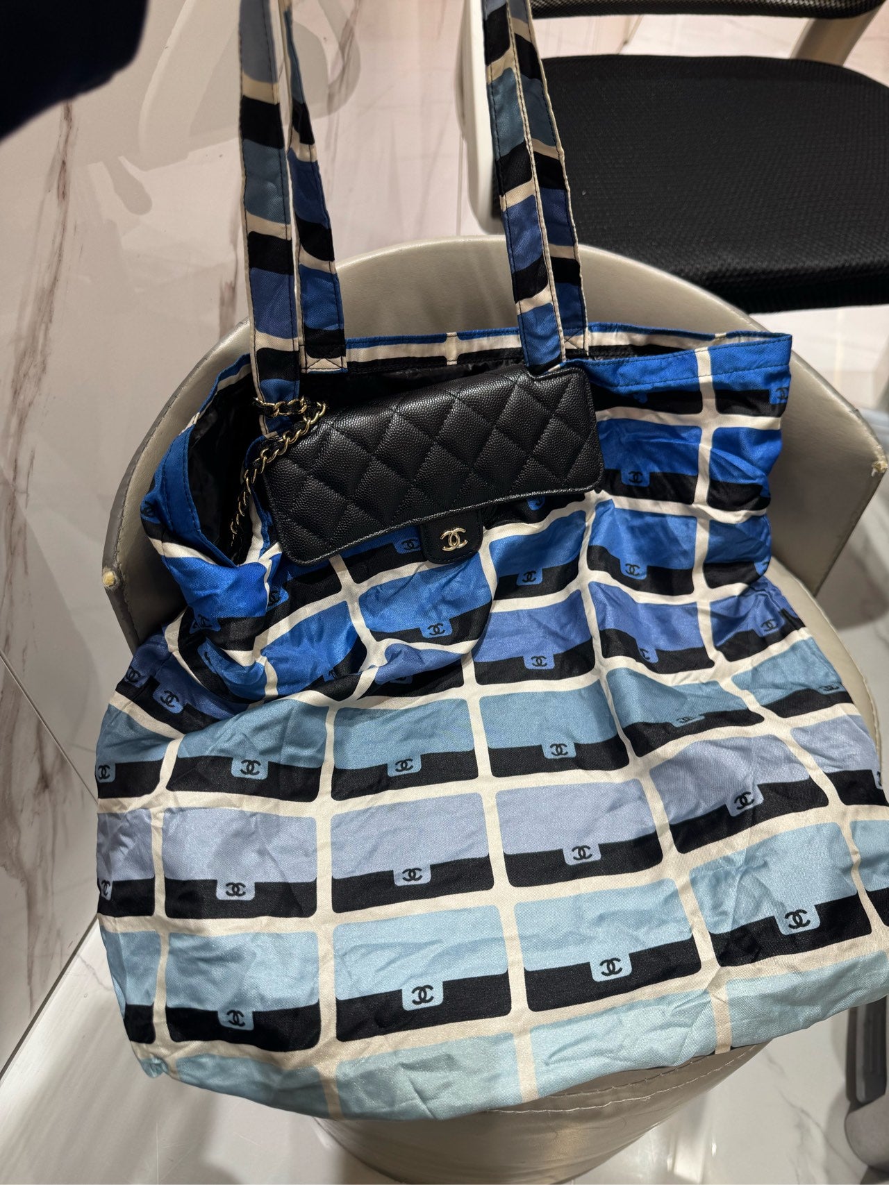 Chanel - 2-in-1 Folding Canvas Tote with Detachable Mini Flap Bag - Canvas and Grained Leather - Blue, White, and Black - (Large)