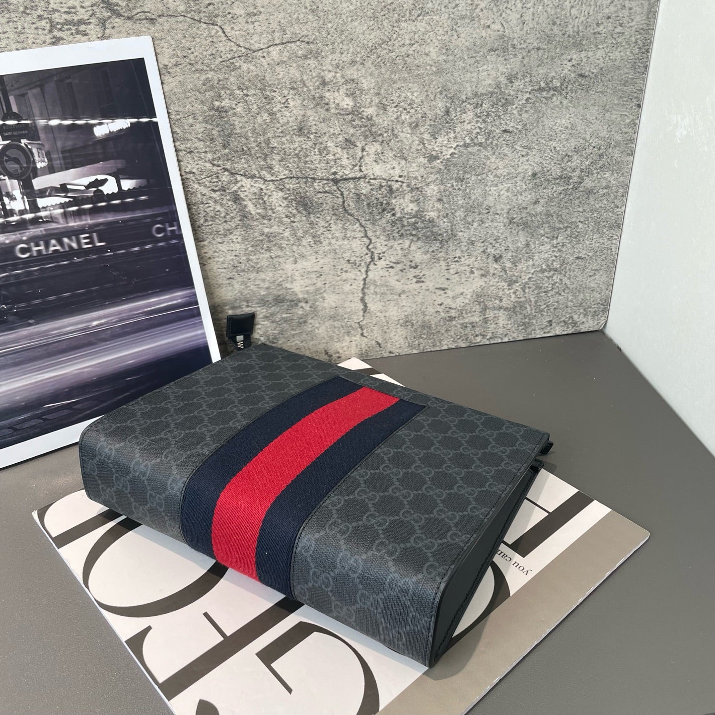 Gucci - GG Supreme Web Stripe Pouch - Coated canvas with leather trim and textile Web stripe - Grey with Red and Blue accents - (Medium)