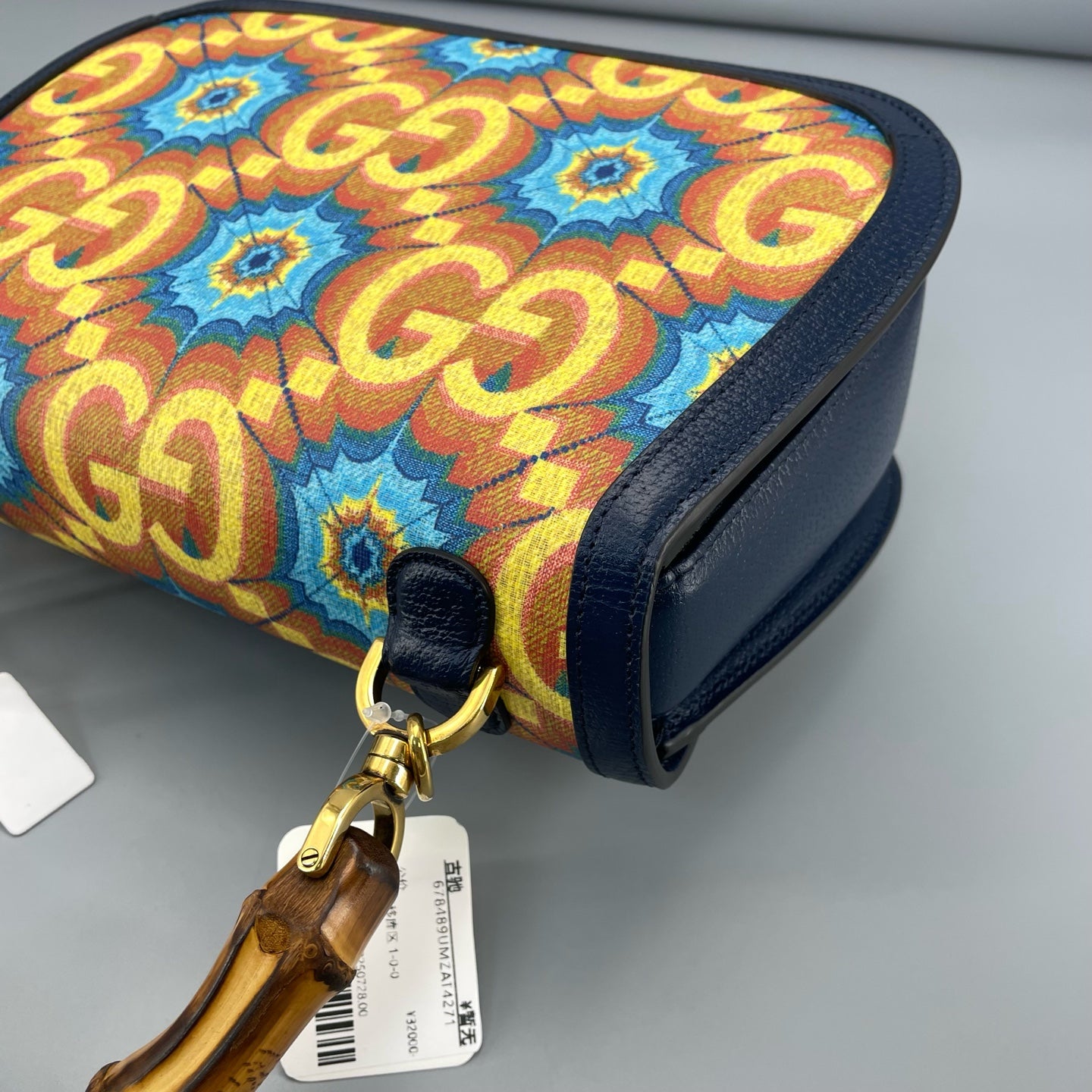 Gucci - 100th Anniversary Limited Edition Bamboo Bag - Canvas with Leather Trim and Bamboo Handle - Multicolour with Navy Trim - (medium)