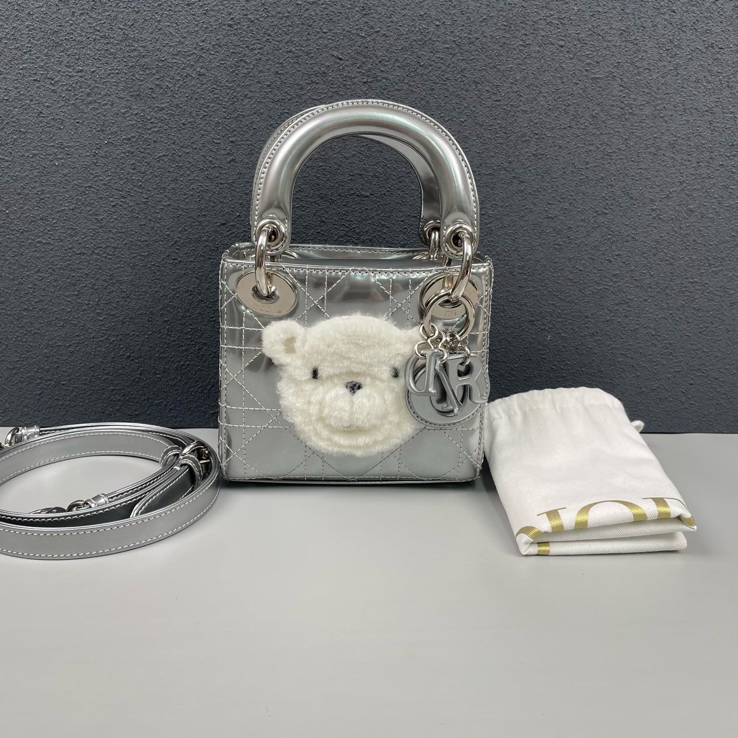 Dior - Limited Edition Lady Dior Mini Bear Bag - Patent leather - Silver - (mini)