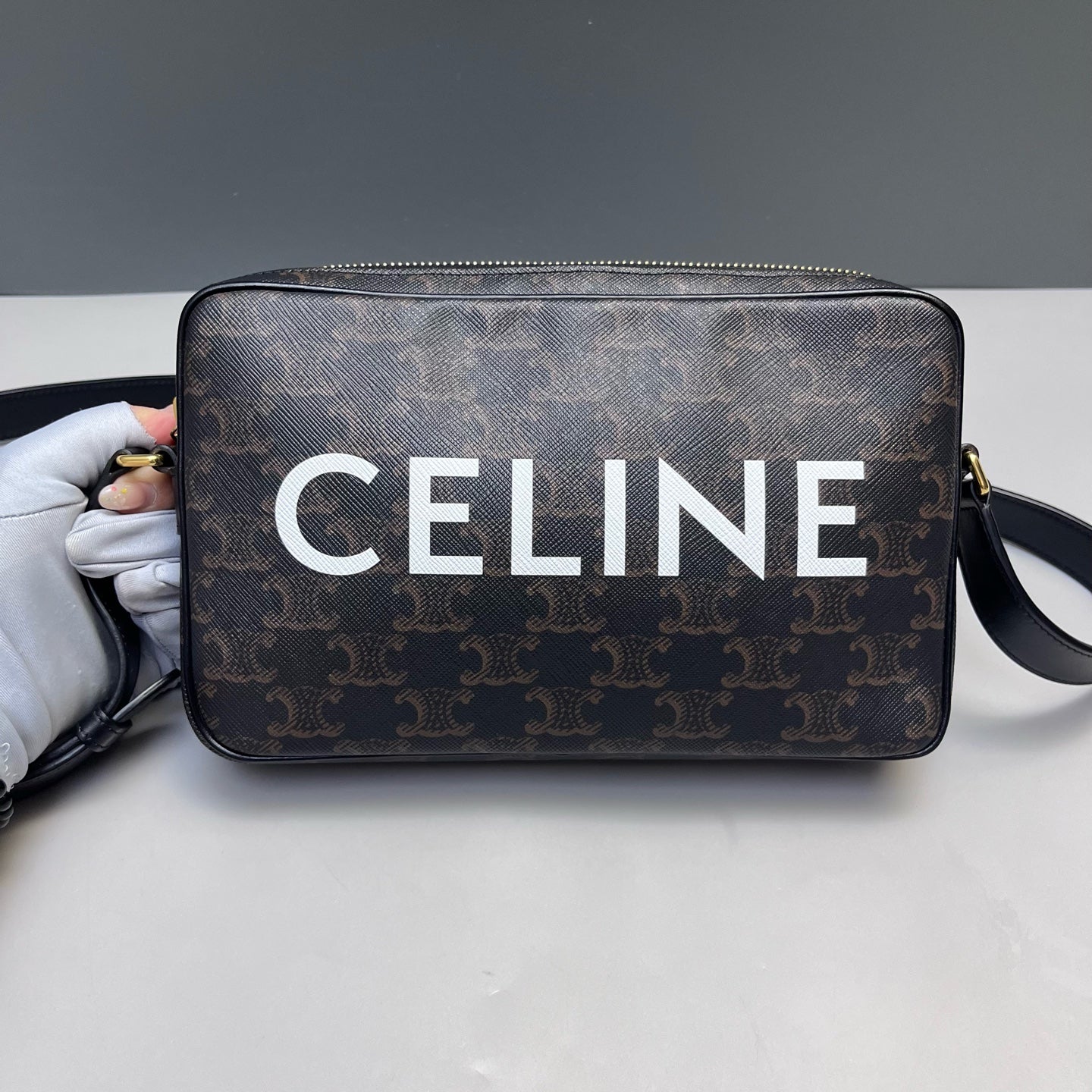 Celine - Triomphe Canvas Camera Bag - Coated canvas with leather trim - Brown - (medium)