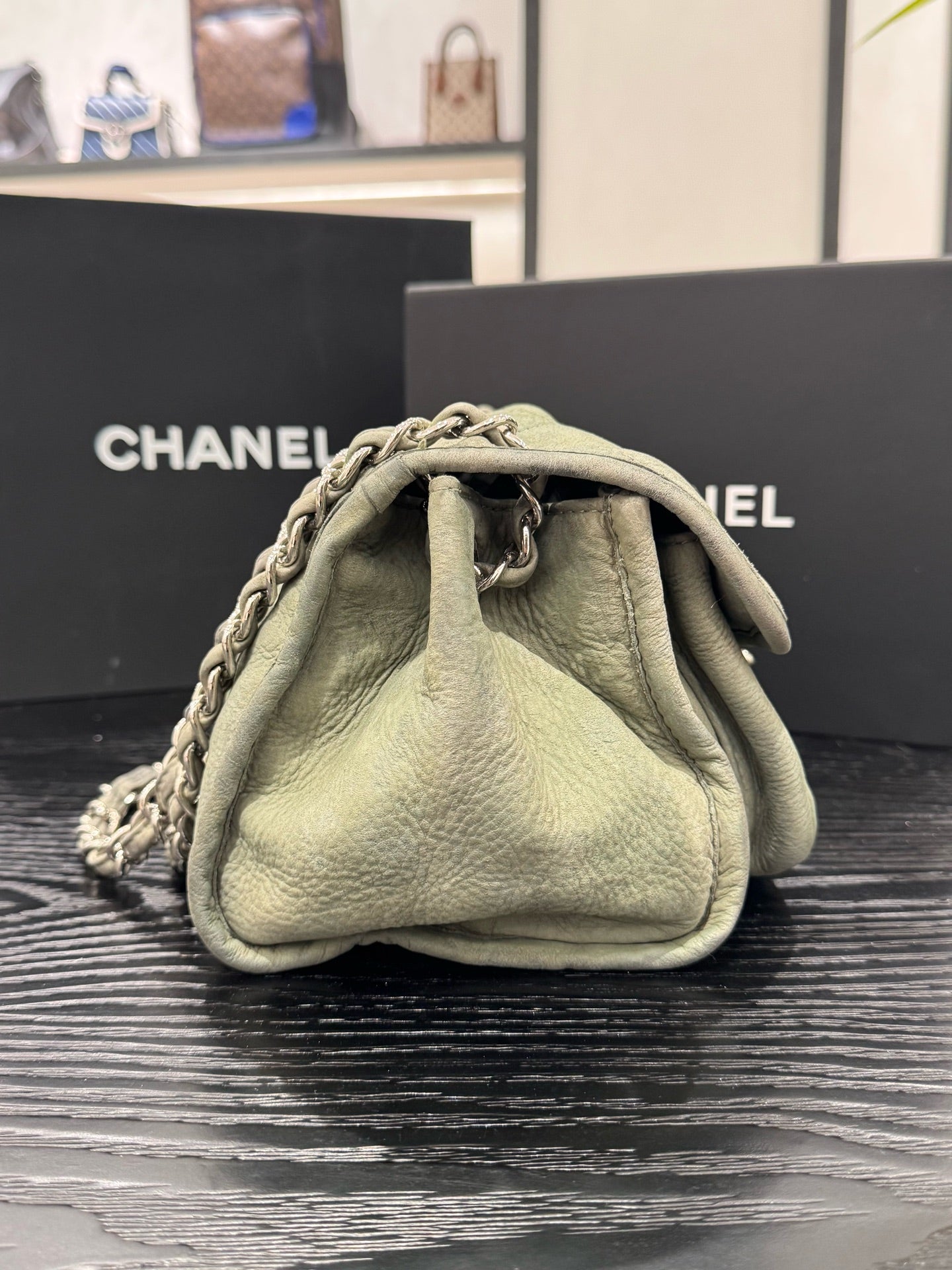 Chanel - Classic Flap Bag - Aged calfskin leather - Muted Sage Green with Silver-Tone Hardware - (small)