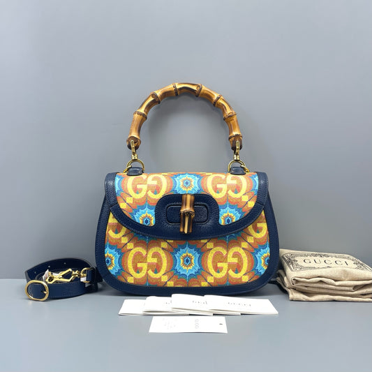 Gucci - 100th Anniversary Limited Edition Bamboo Bag - Grained leather and Canvas - Navy (with Multicolour pattern) - (Small)